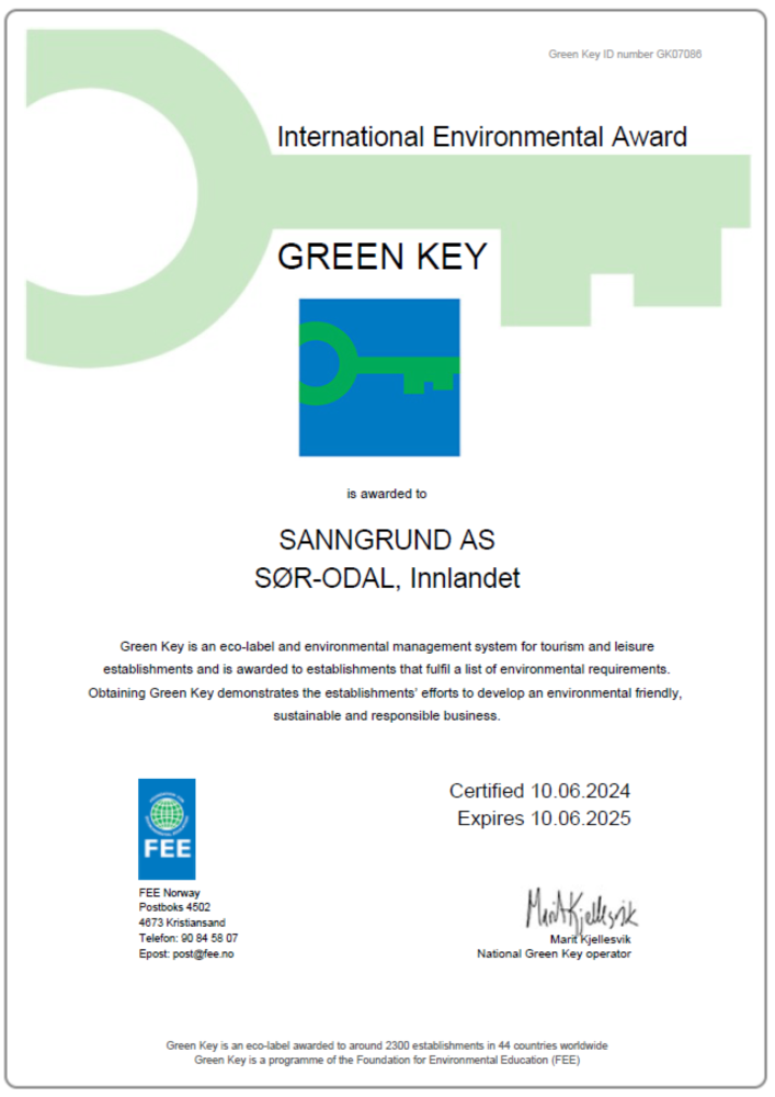 Sanngrund Servering og Overnatting Bærekraft Green Key Sertifikat