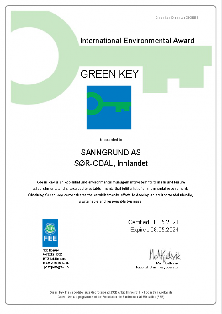 Sanngrund Skarnes Servering Overnatting Green Key Miljøsertifisering